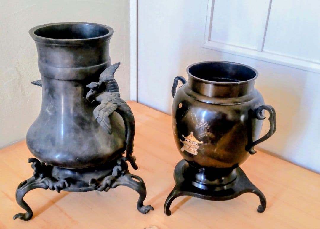 古銅 鳳凰三足香炉 花入セット 銅合金 仏具 茶道具古美術『大事に保管してます』
