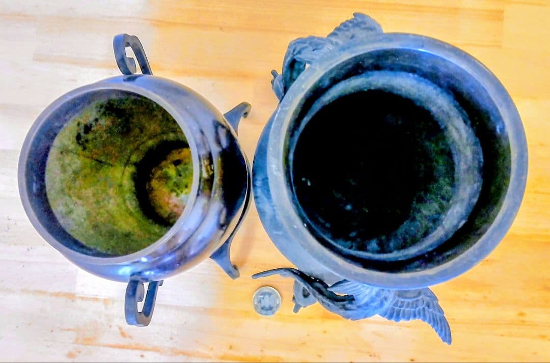 古銅 鳳凰三足香炉 花入セット 銅合金 仏具 茶道具古美術『大事に保管してます』