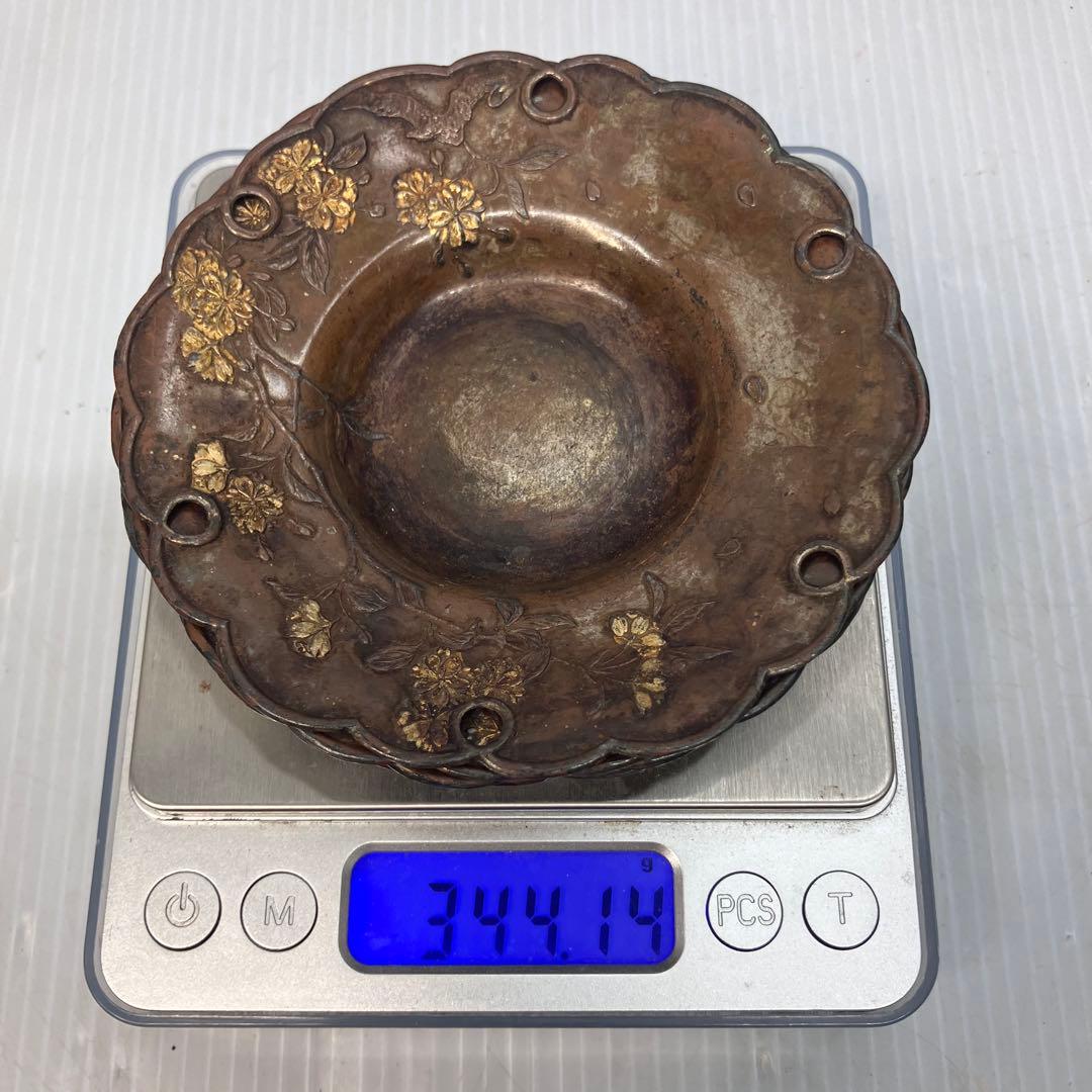 【骨董】銅製 茶托 雪輪形 桜文様 煎茶道具 アンティーク 在銘 金属工芸