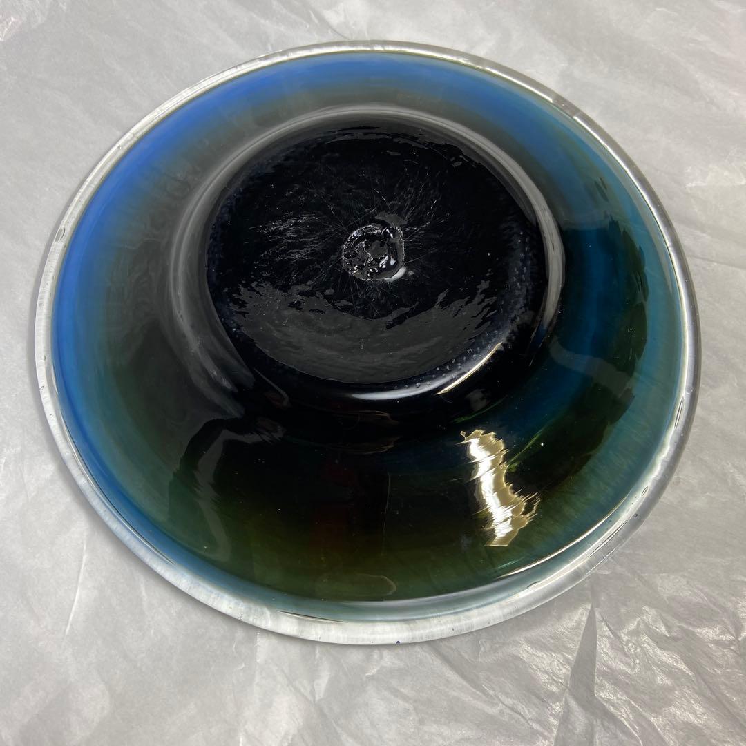 新品未使用　吹きガラス　一点もの青と黒のグラデーション ガラス皿