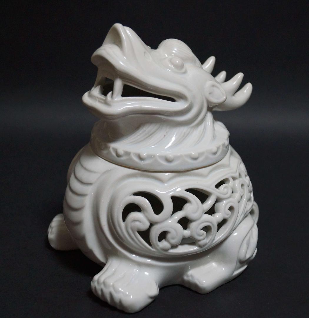 茶道具 徳化窯白磁 細工透かし彫り龍形 香炉 高さ16cm★時代物★