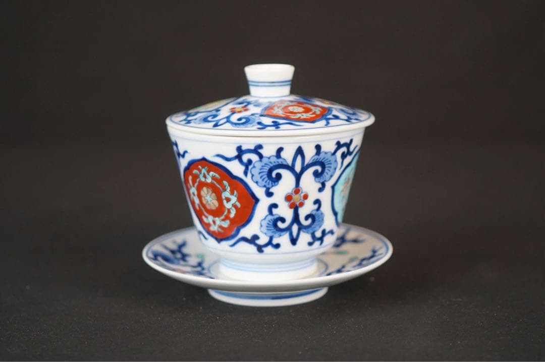 有田焼 肥前皿山 幸右衛門 作 染錦 唐花画 台付 蒸碗5客 共箱 懐石料理道具