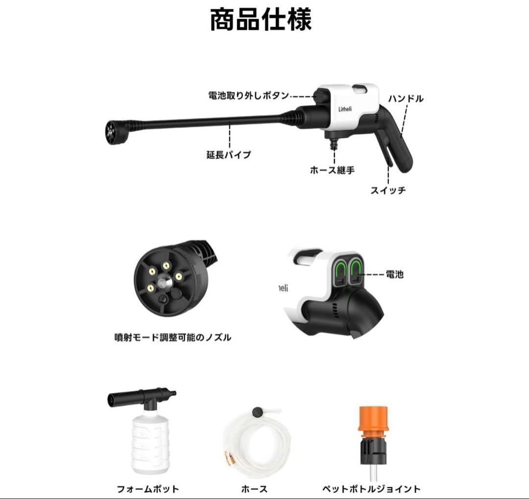 Litheli充電式 高圧洗浄機 Type-C 急速充電 タンクレス 洗車 掃除