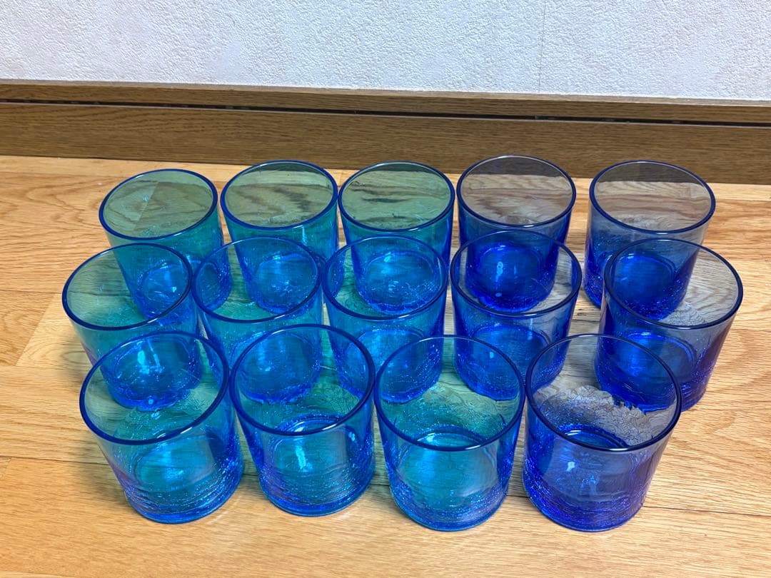琉球ガラス 14客セットロックグラス 吹きガラス 沖縄伝統工芸 焼酎グラス 美品