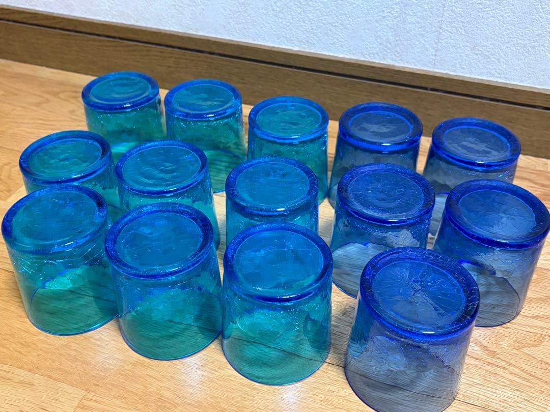 琉球ガラス 14客セットロックグラス 吹きガラス 沖縄伝統工芸 焼酎グラス 美品