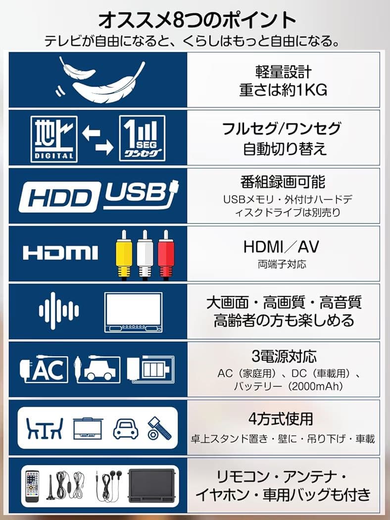 ポータブルテレビ 14インチ 小型 録画機能 テレビ ワンセグ ブラック