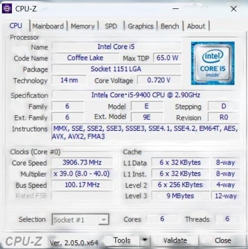 CPU Intel Core i5-9400 CPU 2.90GHz LGA1151