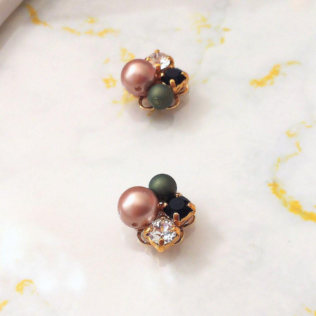 パール ビジュー ベージュ× カーキ ピアス イヤリング