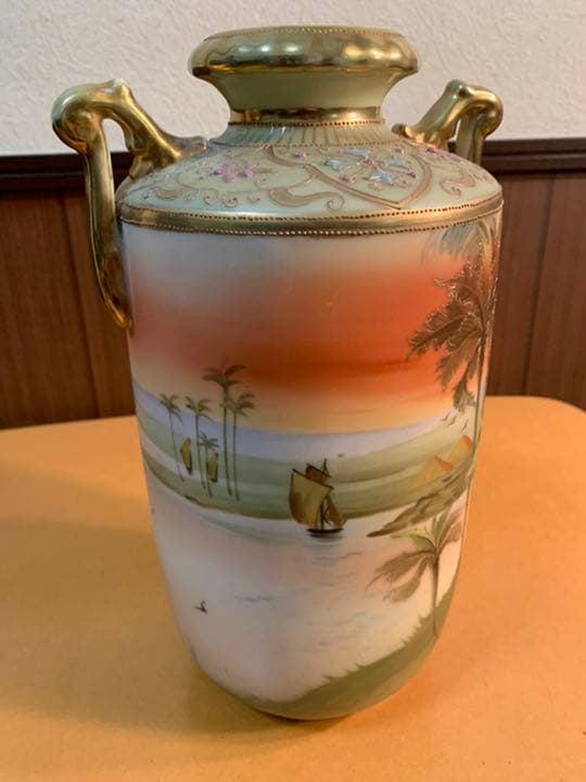 オールドノリタケ　花瓶　椰子の木　水辺の風景　27.5cm    1911年