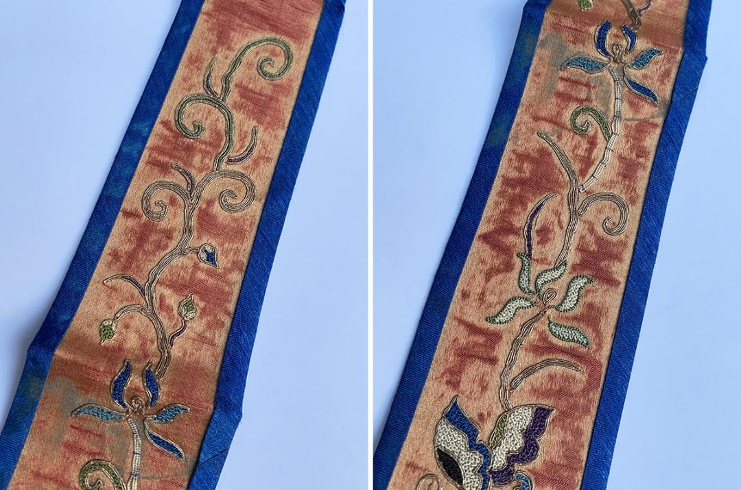 【繍】　★ 織繍 杏紅地花蝶紋鳳尾裙条 ★　清時代　花卉胡蝶 刺繍文様　明清繍品