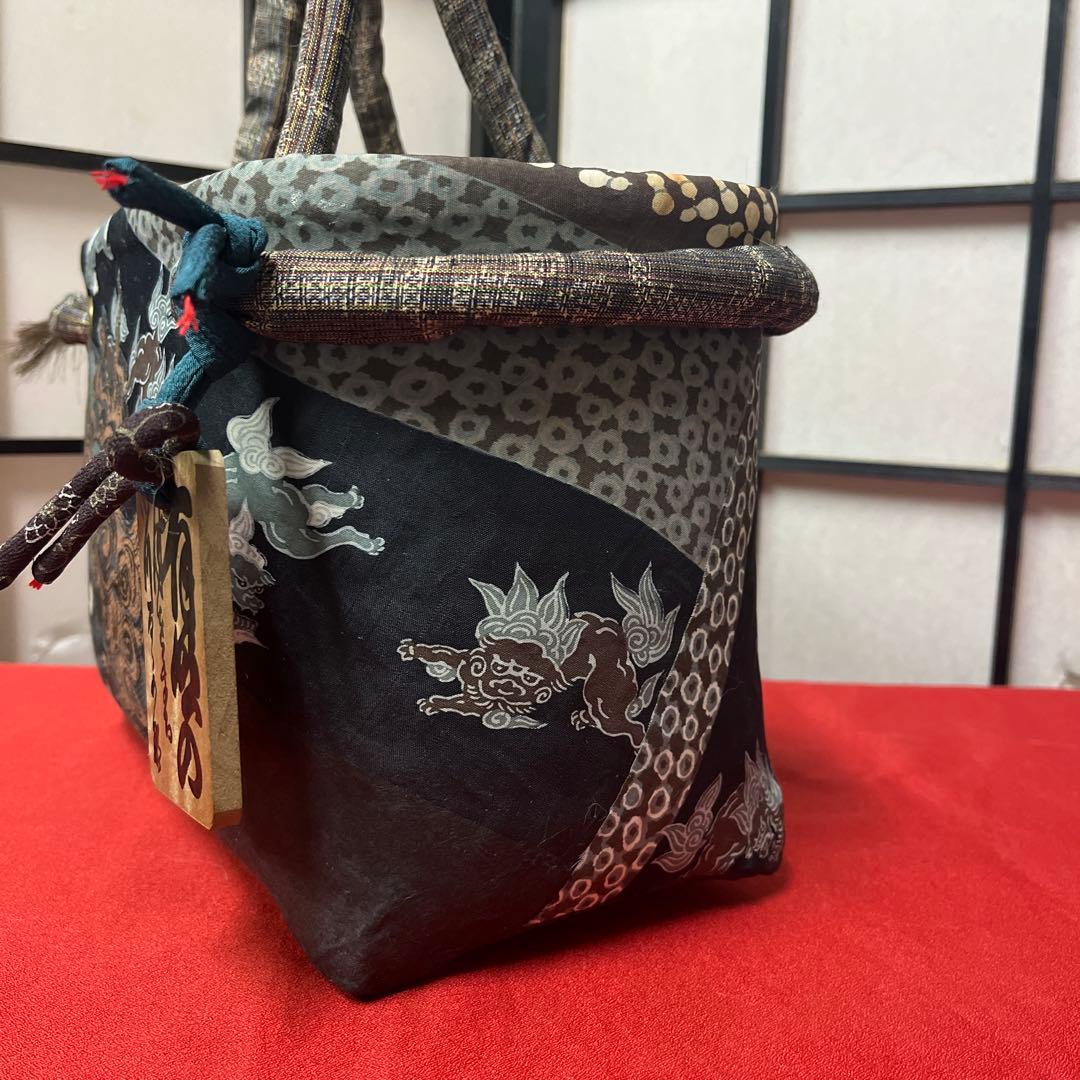 立派な獅子 狛犬 一閑張り バッグ かごバッグ ハンドバッグ 正絹 和柄 古布