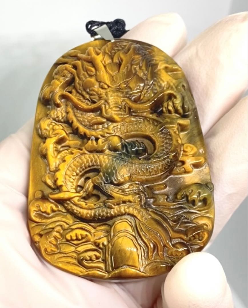 ブルーゴールドタイガーアイ 高浮彫り龍ペンダント ネックレス 高品質 天然石 龍