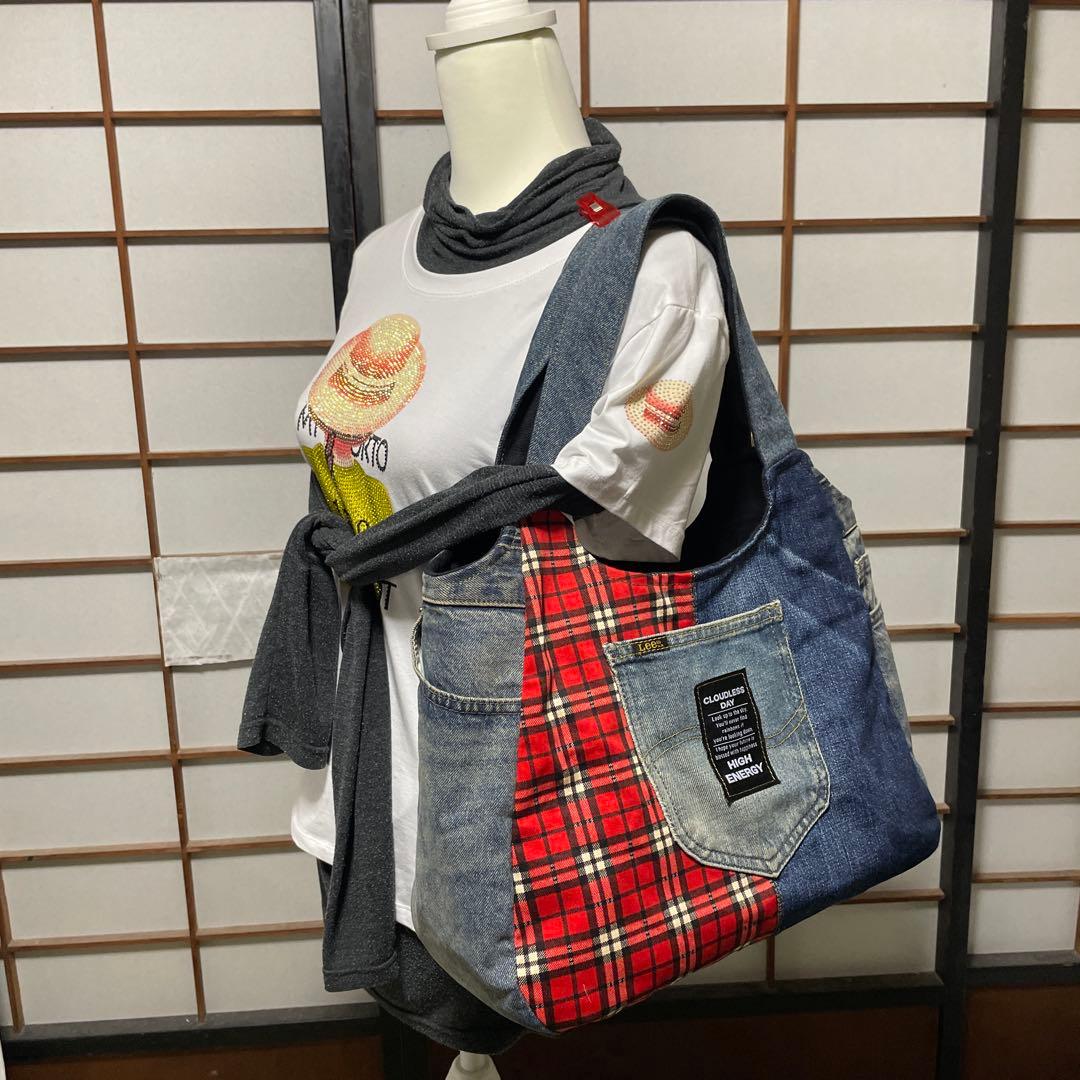 No.503 デニムリメイクバッグ　バルーントートバッグ　インディアン　Ｌサイズ