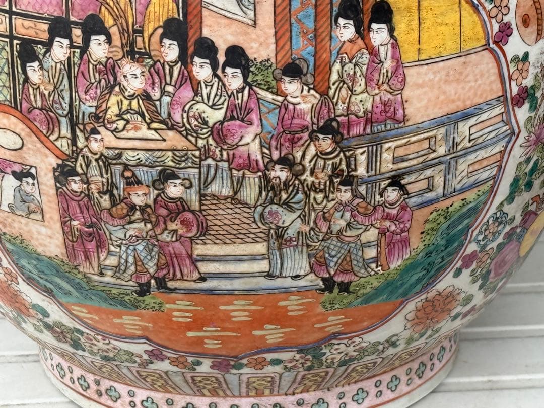 中国　粉彩　人物圖　鉢　高さ約33.5cm 大清乾隆年製銘　送料込み260407