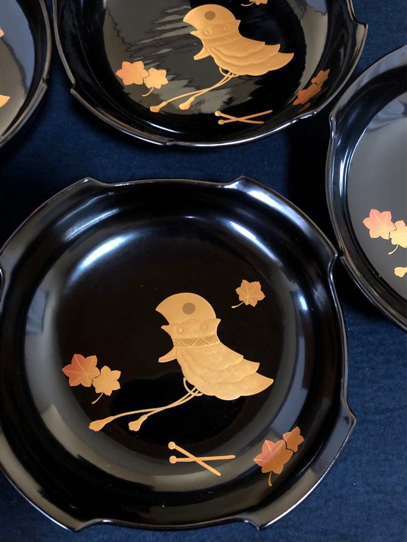 《レ》黒塗 烏帽子蒔絵 変形皿10客 菓子皿 木製漆器 木箱 260306こ4