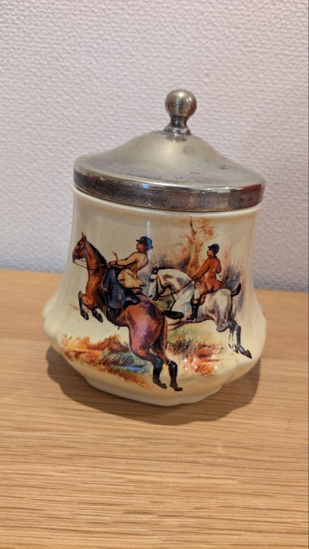 アンティーク 蓋付き容器 馬と城の絵柄　シュガーポット　英国　イギリス