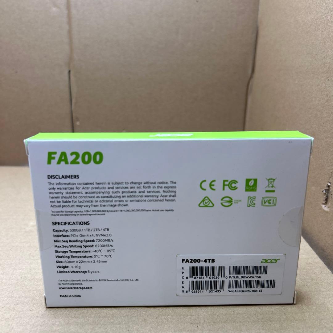 4TB♡Acer M.2 SSD FA200 PCIe Gen4×4