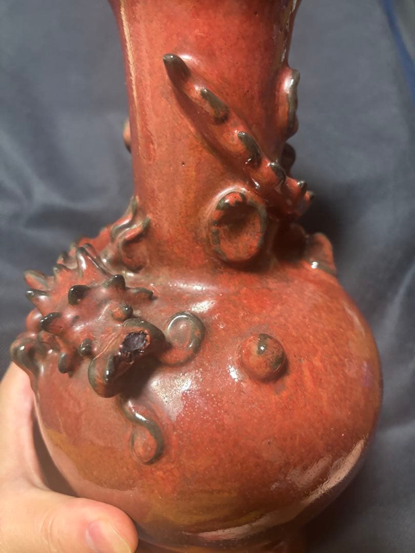 中国古美術品　清の時代　紅釉　螭龍　花瓶　30cm