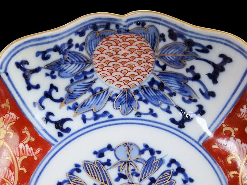 大聖寺伊万里 金襴手　牡丹に巻物　唐草の図　膾皿　４客　C135AS-DCq