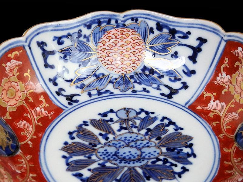 大聖寺伊万里 金襴手　牡丹に巻物　唐草の図　膾皿　４客　C135AS-DCq