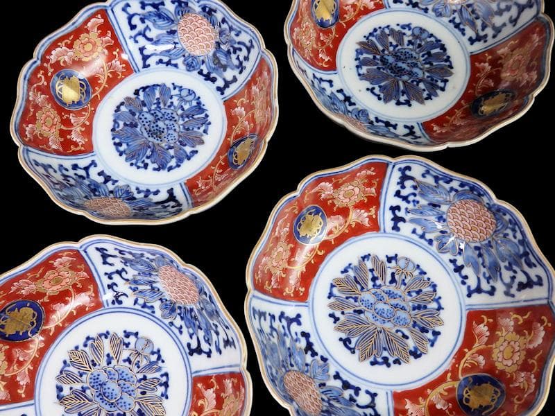 大聖寺伊万里 金襴手　牡丹に巻物　唐草の図　膾皿　４客　C135AS-DCq