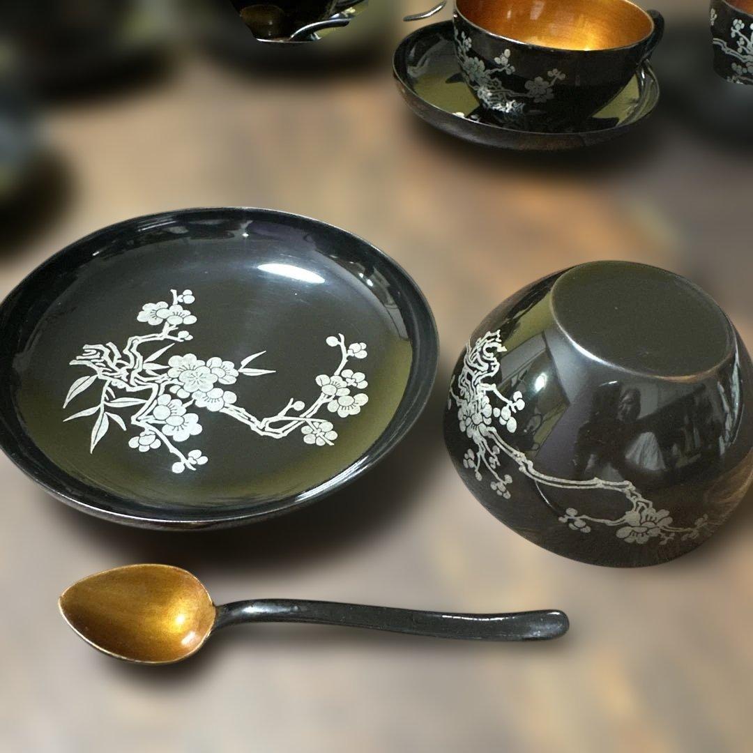 中国　ヴィンテージ　漆器 茶器セット 黒と金 花模様