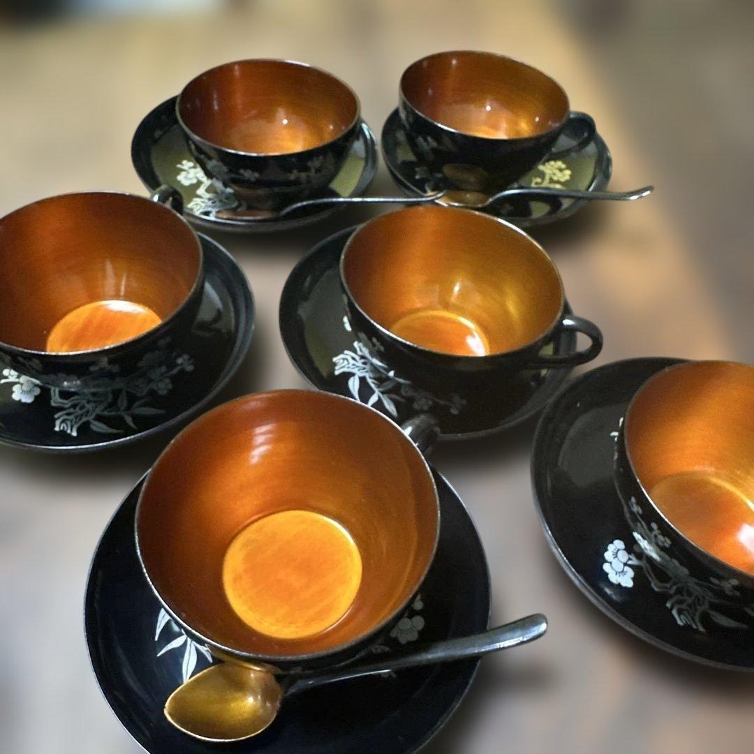 中国　ヴィンテージ　漆器 茶器セット 黒と金 花模様