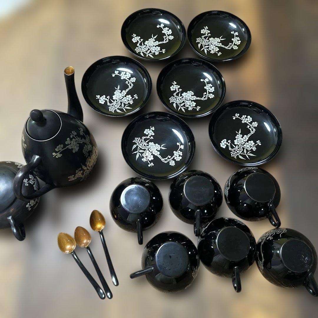 中国　ヴィンテージ　漆器 茶器セット 黒と金 花模様
