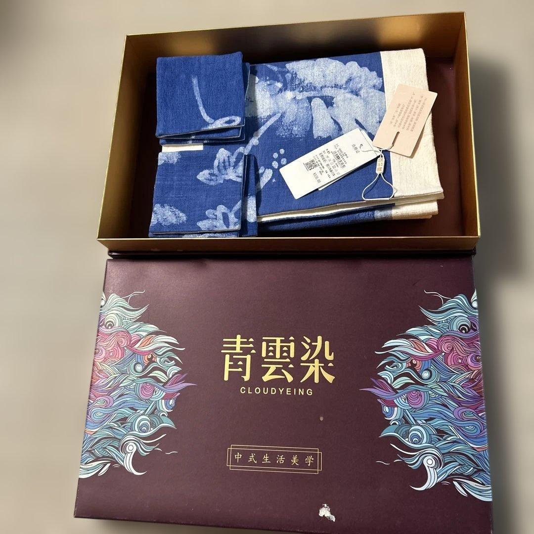 【未使用】青雲染 蓮の花 藍染テーブルランナー+コースターセット