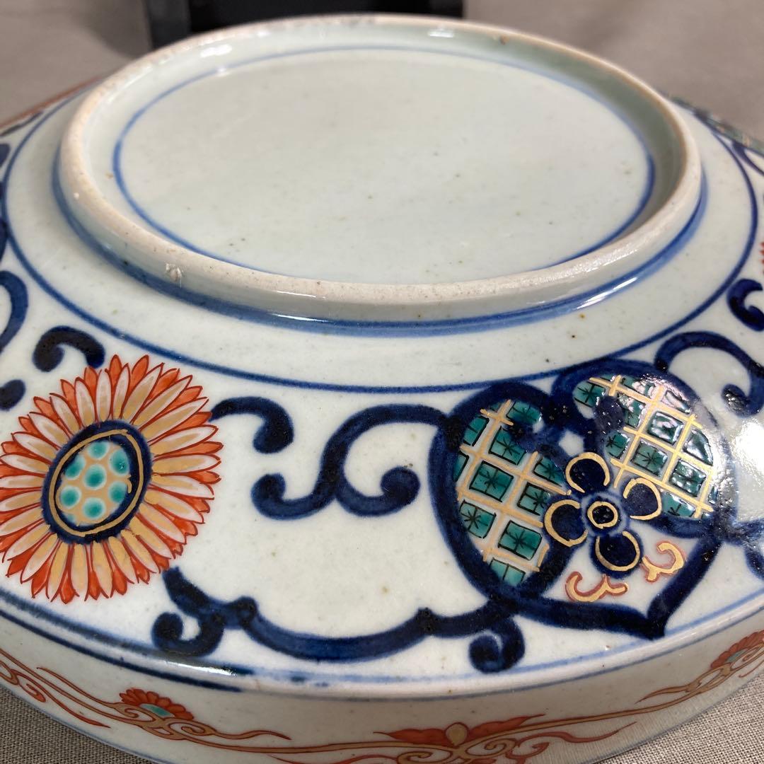 【古伊万里文】伝統工芸　有田焼の名窯　古伊万里　染錦間取龍絵壽見込文　丸形深皿