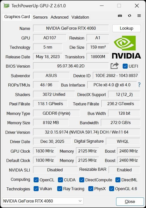 グラフィックボード・グラボ・ビデオカード ASUS GEFORCE RTX 4060 8GB GDDR6