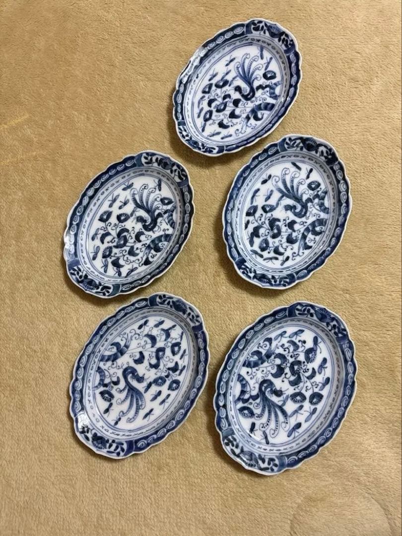【古伊万里楕円皿】【5枚セット】花びら縁・北欧風デザイン・銘々皿