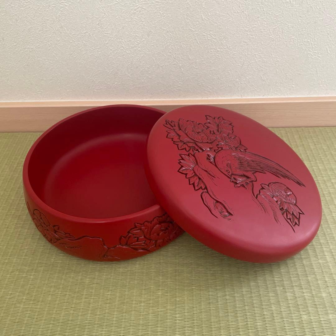 村上木彫堆朱 菓子器 蓋付 牡丹図 昭和 伝統工芸