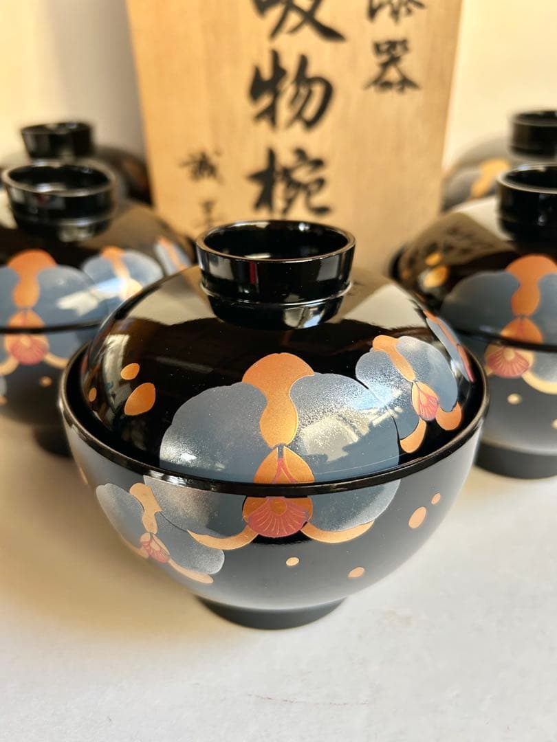 会津塗 特選漆器 蓋付きお吸物椀 5客セット 誠芳作 金蒔絵 胡蝶蘭柄 木箱付