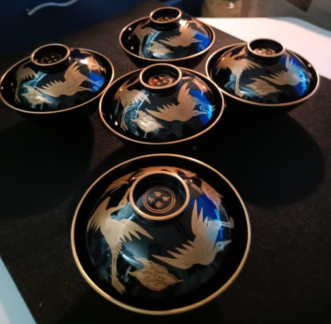 【嘉永年間　骨董】金蒔絵　黒漆塗　漆器　蓋茶碗　時代物　５客