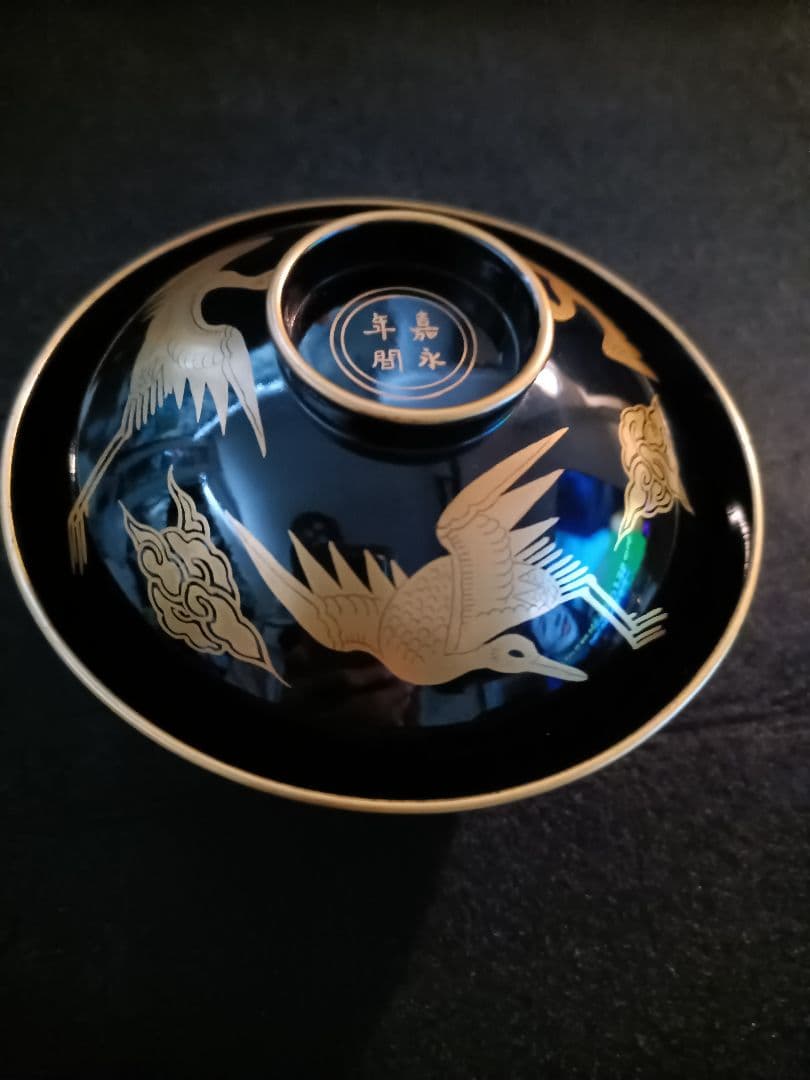 【嘉永年間　骨董】金蒔絵　黒漆塗　漆器　蓋茶碗　時代物　５客