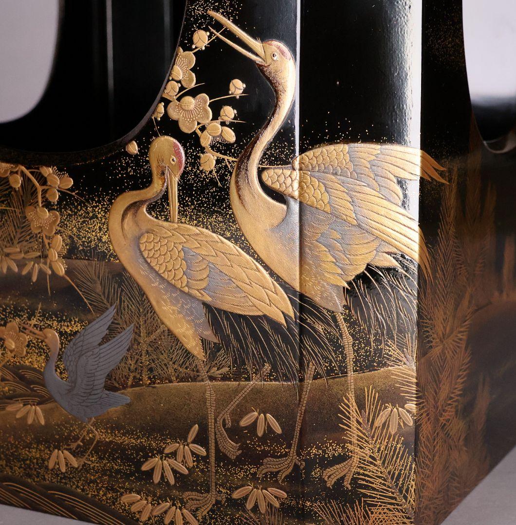 【CM458】加賀蒔絵 松竹梅 双鶴 親子鶴 流水 金銀蒔絵 三宝台 黒塗 梨地