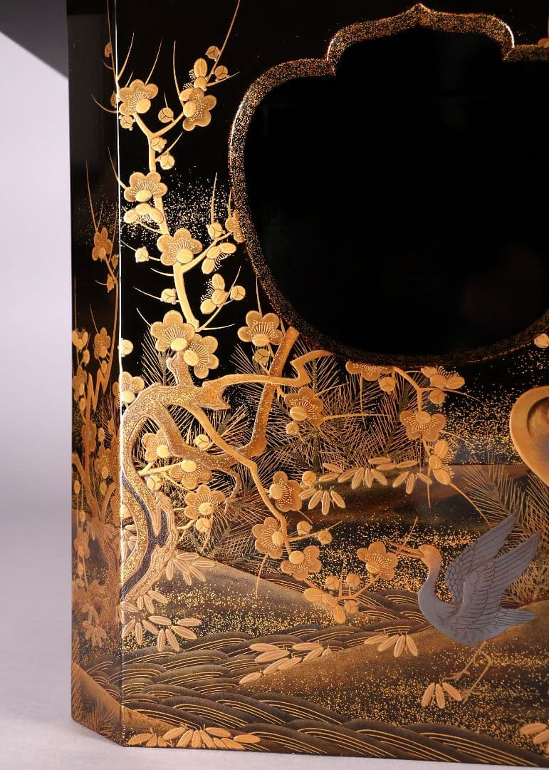 【CM458】加賀蒔絵 松竹梅 双鶴 親子鶴 流水 金銀蒔絵 三宝台 黒塗 梨地