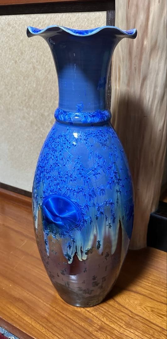 【直接取引】青色 花柄 陶器 花瓶