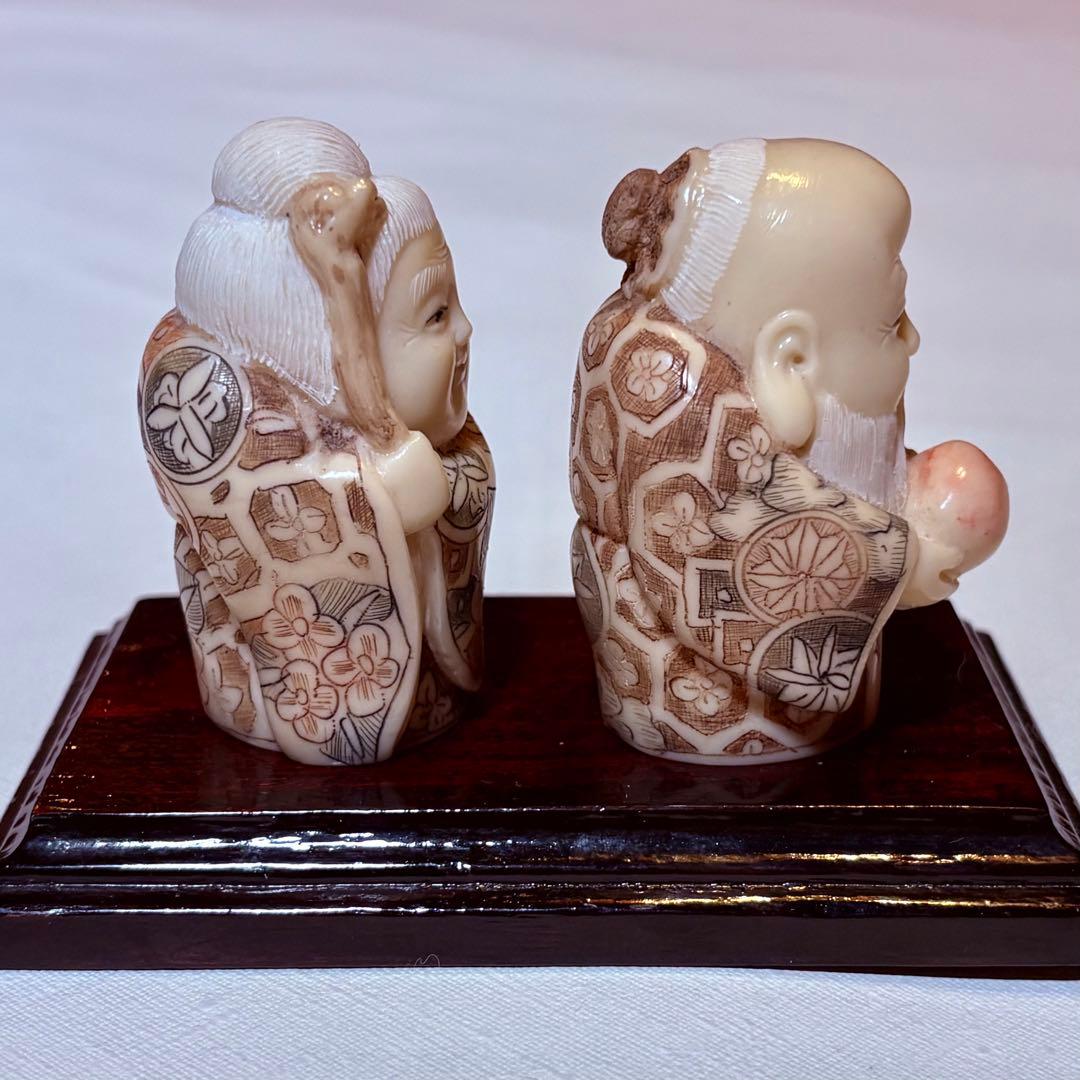 希少 骨董品 天然素材 福の神 寿老人 福禄寿 根付 縁起物 美品