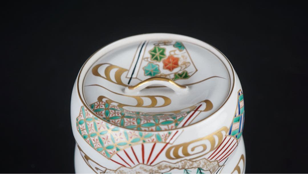 平安 手塚祥堂 色絵 扇面文 水指 共箱 茶道具