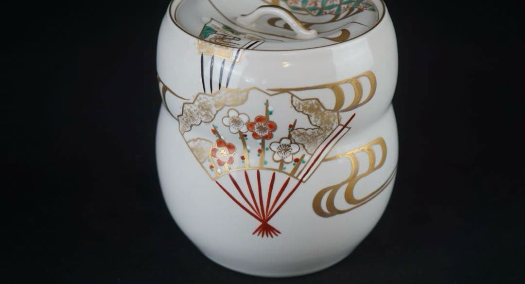 平安 手塚祥堂 色絵 扇面文 水指 共箱 茶道具