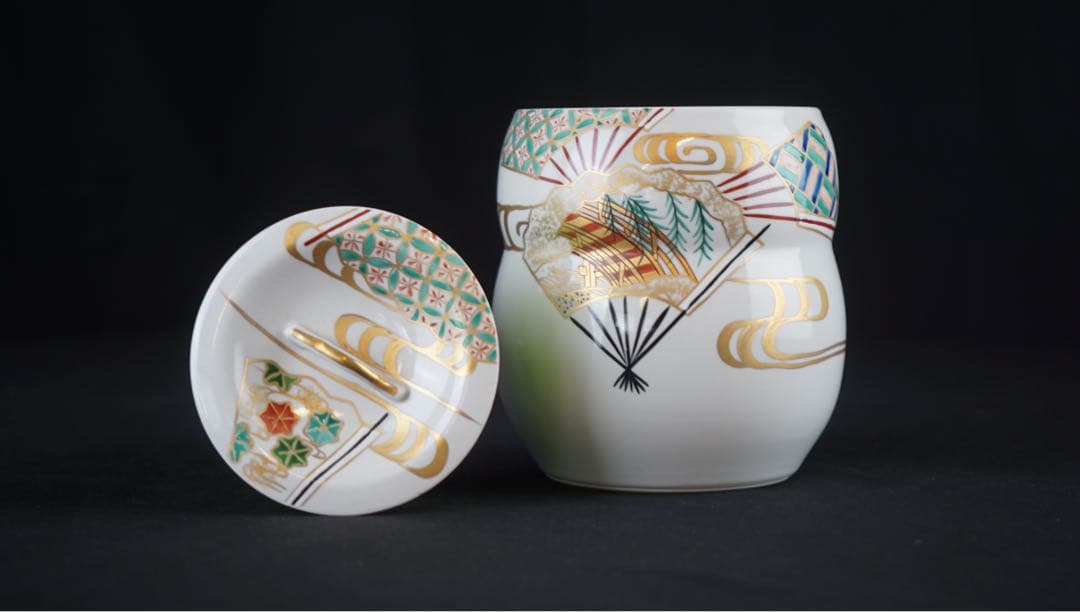 平安 手塚祥堂 色絵 扇面文 水指 共箱 茶道具