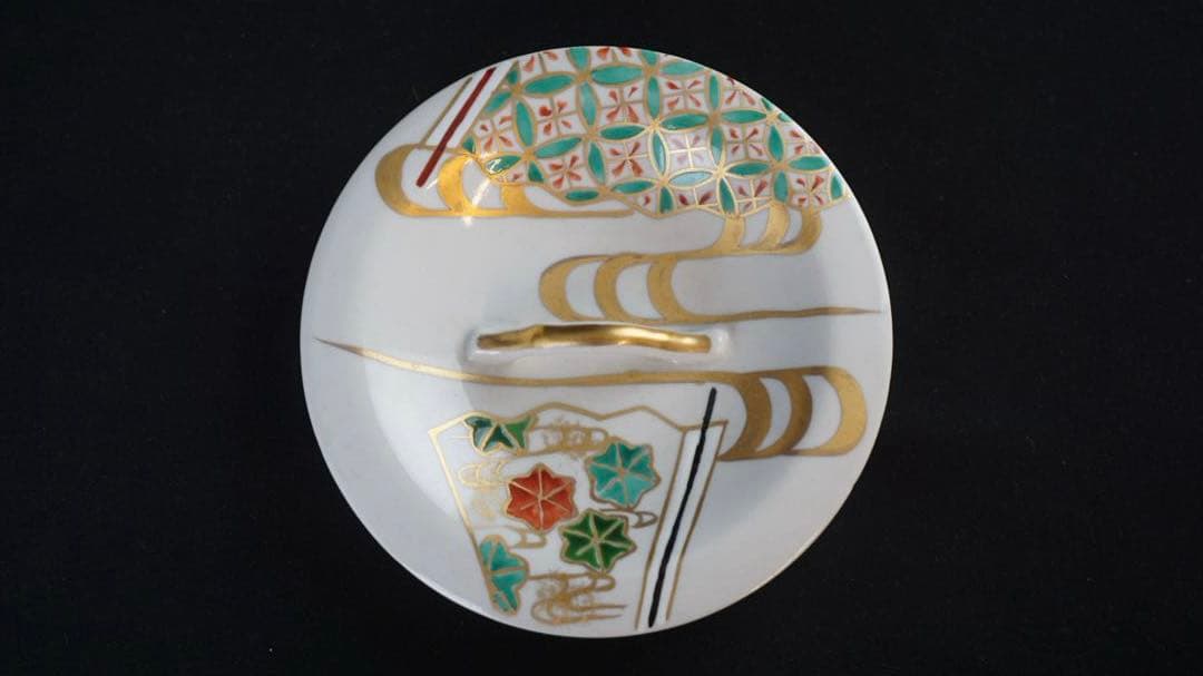 平安 手塚祥堂 色絵 扇面文 水指 共箱 茶道具