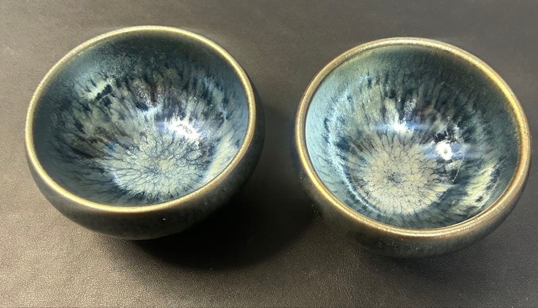 未使用保管品　建盃 油滴天目 茶碗 2客セット 共箱付 中国建 茶器