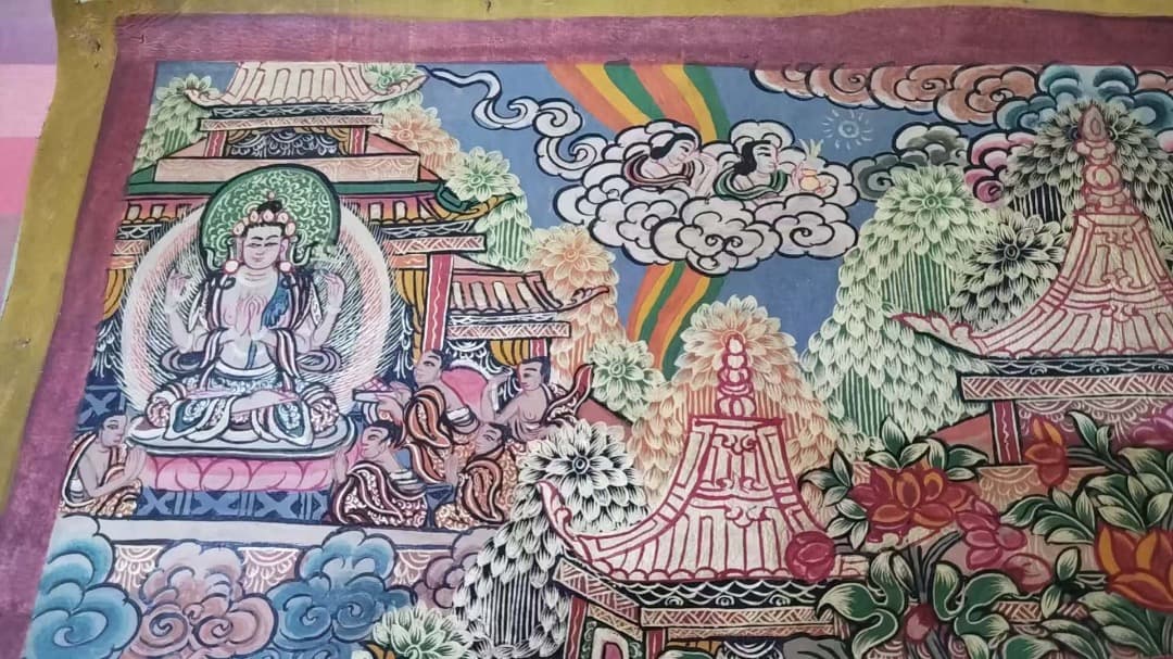 観音菩薩の仏教絵画 手書きタンカ 裏面真言入り 仏画 チベットタンカ　本革