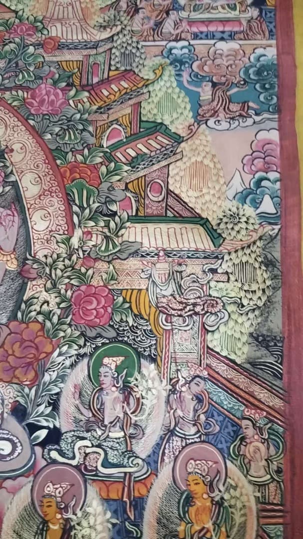 観音菩薩の仏教絵画 手書きタンカ 裏面真言入り 仏画 チベットタンカ　本革