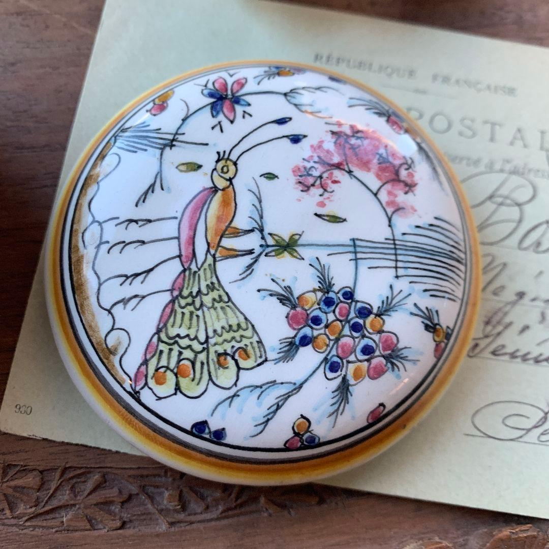 南フランス蚤の市　陶器ケース　フレスコ画　手描き　アンティーク