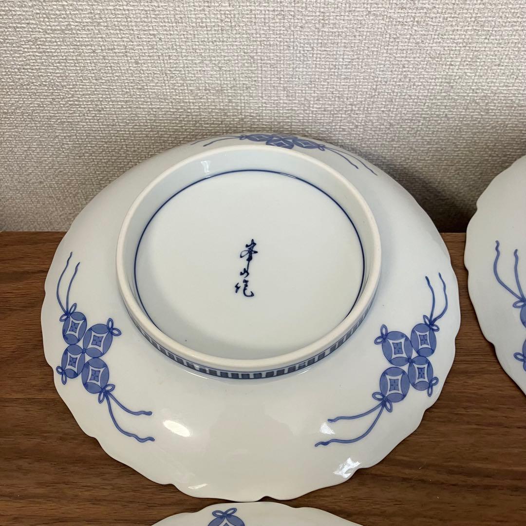 伊万里　輪花　七寸皿　赤絵松竹梅図　鍋島　柿右衛門様式　峯山作　櫛高台　5枚