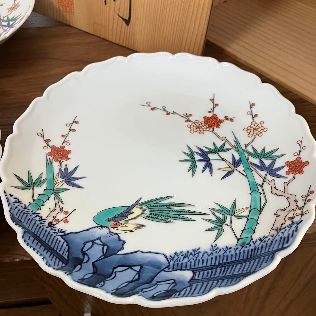 伊万里　輪花　七寸皿　赤絵松竹梅図　鍋島　柿右衛門様式　峯山作　櫛高台　5枚